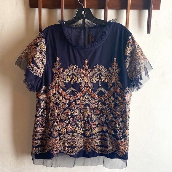 Anthropologie, Ranna Gill Blue Ornate Embroidery Top - Picture 1 of 8